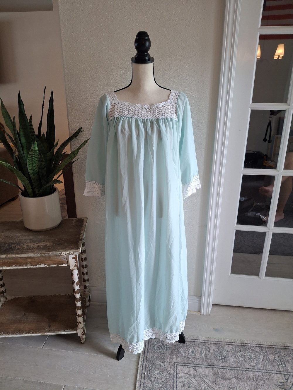 Vintage Christian Dior Pale Aqua Nightgown with White Crochet Trim